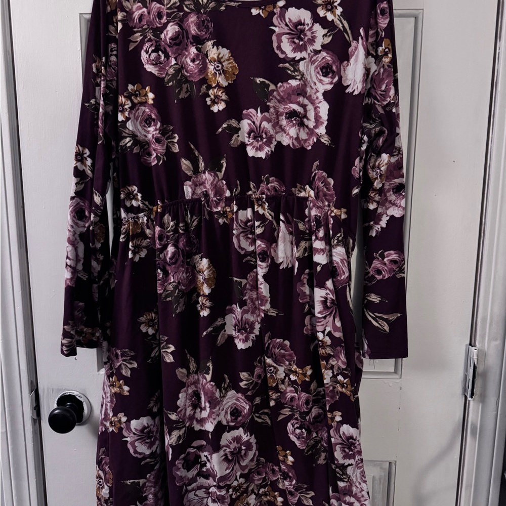 Floral Long Sleeve Midi Dress - Plum and Mauve